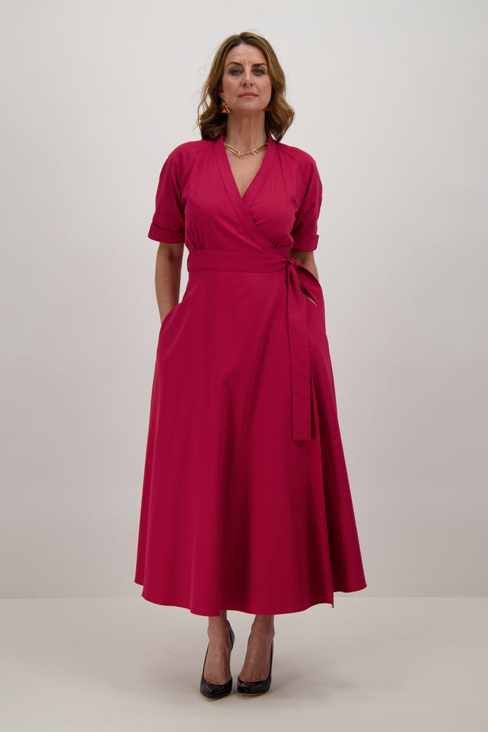 Model-wearing-Red-wrap-maxi-dress-front
