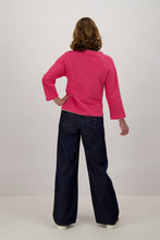 Load image into Gallery viewer, Model-Wearing-Pink-Magenta-Jersey-Top-Three-Quarter-Sleeve-back